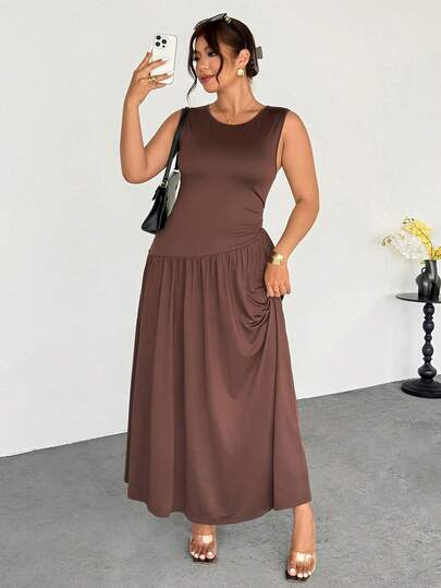 Firerie Plus Size Women's Casual Sleeveless Solid Color Dress, Summer