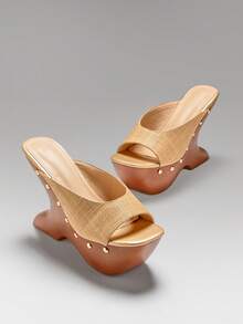 SHUZIA Women Chunky Wedge Heeled Everyday Vacation Cute Elegant PP Raffia Sandals - Beige - View 6