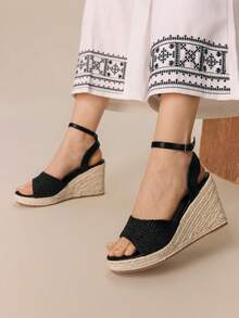 Styleloop Women's Casual Commute Vacation Versatile Solid Color Lace-Up Wedge Sandals, Suitable For Vacation Outfits And Vacation Outfits Travel Essentials Summer Shoes - Black - View 4