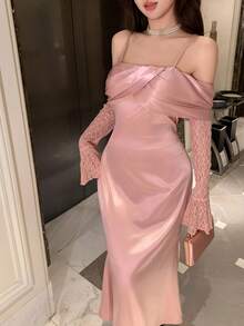 DAZY Women's Elegant Lace Patchwork Off Shoulder Mid-Length Dress, Suitable For Spring & Summer Sun Dresses For Women - Pink - View 3