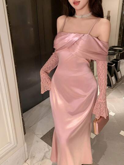 DAZY 女士优雅蕾丝拼接露肩中长连衣裙，适合春夏穿着