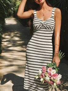 Sparklyn 少女夏季休闲度假条纹前扭结连衣裙 - 黑與白 - 查看 3