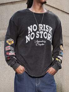 GALLERY FADE 男士休闲标语印花圆领长袖 T 恤，秋季 - 黑色 - 查看 7