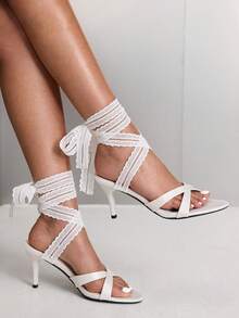 CUCCOO SZL Sandalias con tacón transparente con cordones, zapatos elegantes de punta redonda para bodas y fiestas, tacones altos retro de satén con tiras para uso diario - Blanco - Ver 2