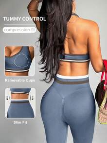 Dewbera Bộ đồ thể thao nữ kẻ sọc, xếp ly, áo croptop cổ yếm và quần legging. - Màu xanh bụi bặm - Xem 3