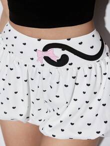 ROMWE Kawaii Heart Print Cat Tail Embroidery Bow Shorts - White - View 5