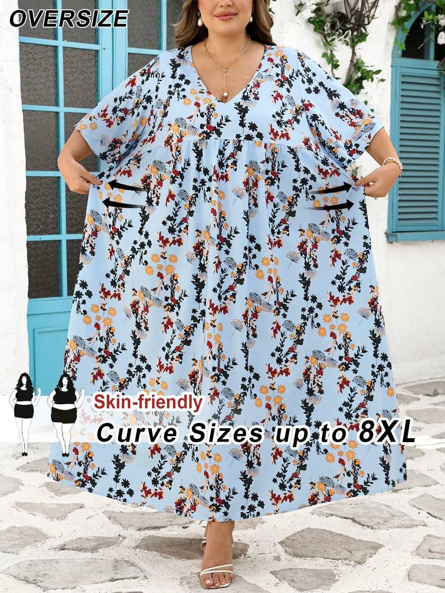 SHEIN CURVE+ Curve 尺码 US22 音乐节、海滨度假、波西米亚风印花休闲假日连衣裙 夏季/乡村/海滩度假装/海滩装/沙滩服饰 - 藍色 - 查看 1