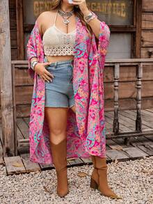 SHEIN CURVE+ Curve Size US22Music Festival, Seaside Vacation, Bohemia Women Floral Print 3/4 Sleeve Loose Kimono Robe Vacation Outfits Women Curve - Hot Pink - View 6