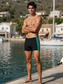 Manfinity KASUA 男士撞色条纹泳裤，适合海滩和度假 - 黑色 - 查看 3