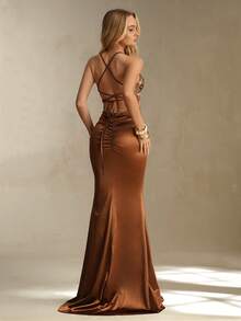 SHEIN Glamour Women's Elegant High Slit Brown Long Dress - Coffee - View 2