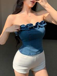 DAZY Áo ống denim nữ kiểu dáng thường ngày với viền bèo nhún, thích hợp cho mùa hè. - Màu xanh lam - Xem 2