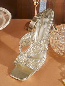 CUCCOO TILAWA 女鞋方头细跟金色透明膜镶钻性感时尚优雅华丽女式高跟凉鞋拖鞋配裙摆日常百搭宴会派对女式凉鞋 - 金色 - 查看 3