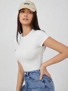 SHEIN BASICS 休閒素色短袖連身衣，夏季白色女款連身衣，夏季服飾 - 白色 - 查看 5