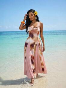 SHEIN Lady 女士扎染印花吊带连衣裙，度假风 - 彩色 - 查看 5