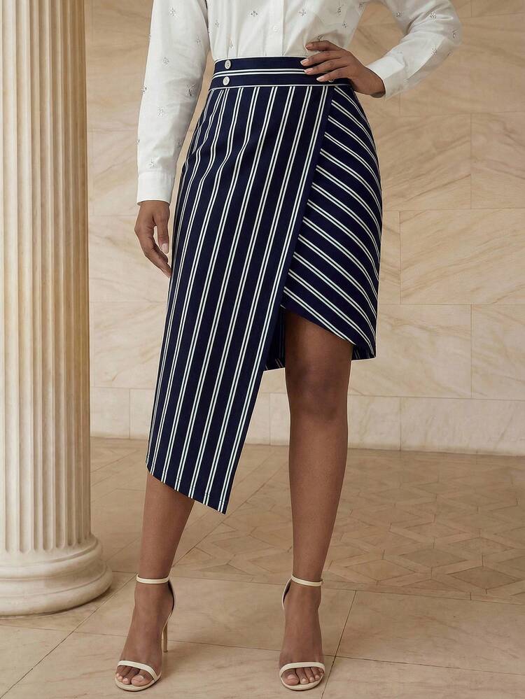 Women's Summer High Waist Metal Buckle Decor Contrast Stripe Asymmetric Hem Elegant Skirt, Navy Blue Asymmetrical Skirt Wrap Skirts For Women Pencil Skirt For Women Striped Skirt Skirt With Slit