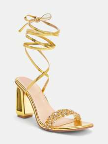 Glitzique Women's Fashion Comfortable Going Out Party Crystal Clear PVC Jelly Rhinestone Tie Up High Heel Sandals - Gold - View 4