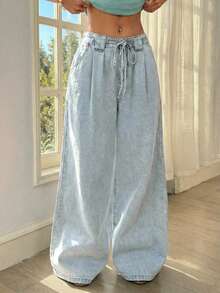 Breezaya 女士系带腰褶裥阔腿宽松休闲牛仔裤 - 藍色 - 查看 3