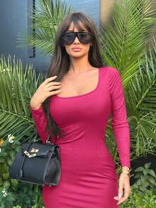 Ronhire Autumn Wear Solid Color Square Neck Tight Black Long-Sleeved Dress ,Petite Women - Hot Pink - View 3