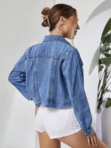 SHEIN Essnce 女士休闲百搭翻领长袖牛仔外套，适合日常穿着 - 藍色 - 查看 2