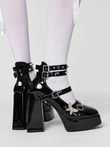 ROMWE 2026 New Fashion Spring/Autumn Punk Style Dark PU Round Toe Thick Heel Sandals, Women Super High Heel Waterproof Platform Rivet Criss-Cross Strap Butterfly Buckle One-Strap Dress Shoes, Thick Sole Rebellious Subculture Pumps - Black - View 2