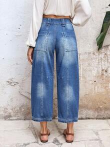 Women's Pocket Flared Casual Loose Fit Jeans - Blue - View 2