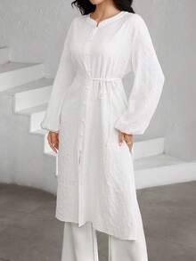 Graceveil 法式浪漫提花侧系带长袖优雅甜美开衫衬衫裙 - 白色 - 查看 5