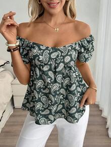 Louniche 女士休闲度假复古印花花瓣袖方领扭结衬衫 - 綠色 - 查看 1