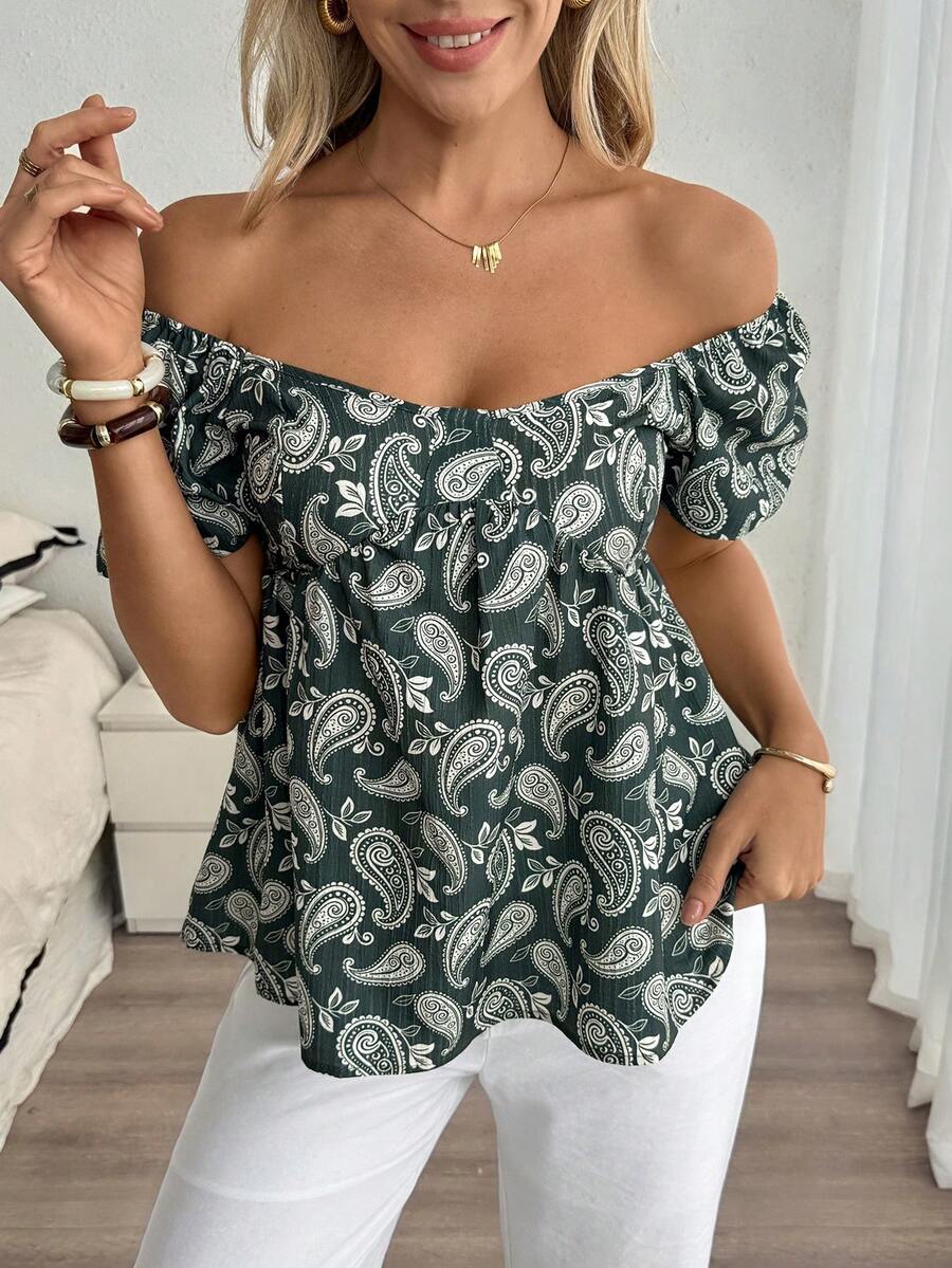 Louniche 女士休闲度假复古印花花瓣袖方领扭结衬衫 - 綠色 - 查看 1