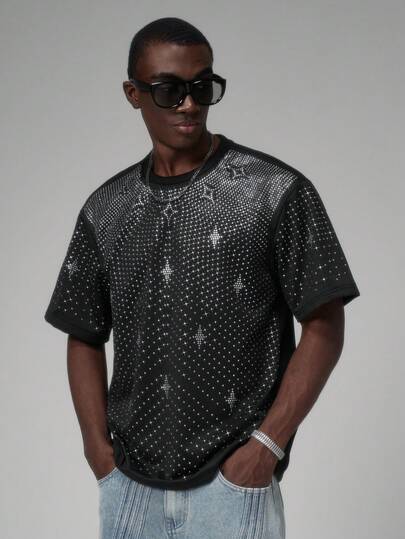 STYNVO 男士时尚水钻装饰圆领短袖T恤，夏季