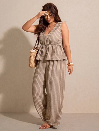 Elaquor Plus Size Casual Vacation Striped Sleeveless A-Line Dress Shirt And Straight Leg Casual Pants 2 Pieces Set