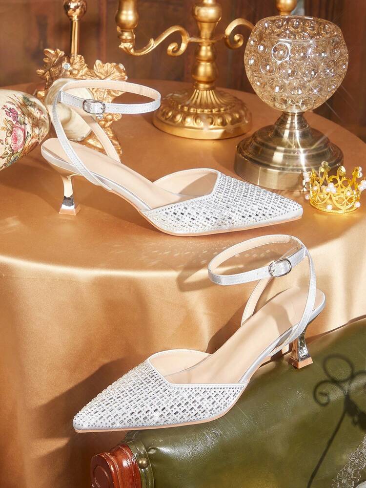 CUCCOO TILAWA Women Shoes Women's Fashion Pointed Grey Rhinestone Ankle Strap Fashion Party Dinner Gorgeous Sexy Kitten Heel Women's High Heel Shoes Slingback Shoes