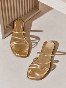 SHUZIA Women's Square Toe Multi-Strap Metallic PU Gold Slide Sandals – Minimal, & Comfortable - Gold - View 5