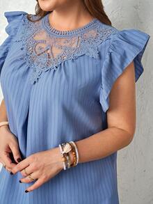 EMERY ROSE Plus Size Women Contrast Lace Striped Round Neck Cap Sleeve Top Women's Tops And Blouses Summer Tops For Women Elegant Boutique Tops For Women Latest Tops For Women New Arrivals Women's Tops For Summer Summer Outfits For Women Beach Outfit For Women Casual Vacation Outfits Women Country Concert Outfit Peplum - Blue - View 2