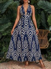 SHEIN Lady Women's Vacation Casual Backless Dress With All-Over Print - Multicolor - View 4