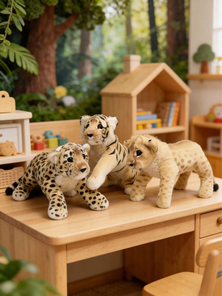 MINKOJA 仿真草原动物毛绒玩具狮子豹子老虎填充动物柔软大型动物毛绒玩偶栩栩如生的草原森林动物造型，是野生动物爱好者的完美礼物，也是创意桌面床头装饰品。