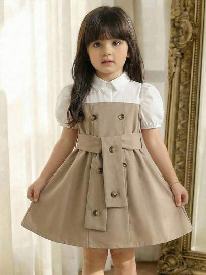 SHEIN 女婴可爱撞色Polo领短袖连衣裙，夏季