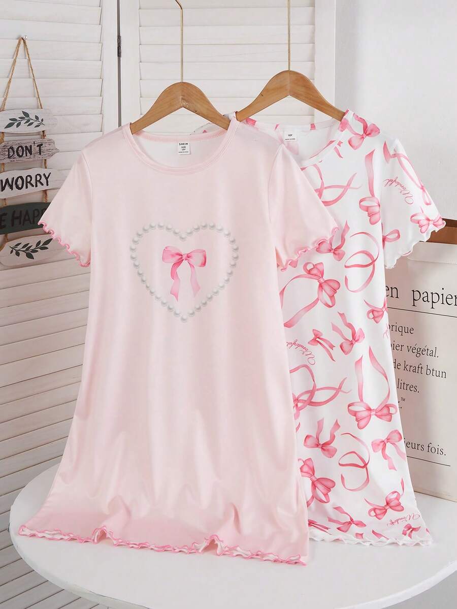 Genkimix Kids 少女甜美粉色蝴蝶印花A字型两件套短袖长款睡裙家居服套装 - 粉色 - 查看 1