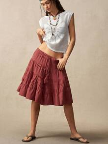 Bohemela Váy dệt kim dáng rộng màu trơn thường ngày dành cho nữ - Màu Hoa hồng đỏ - Xem 5