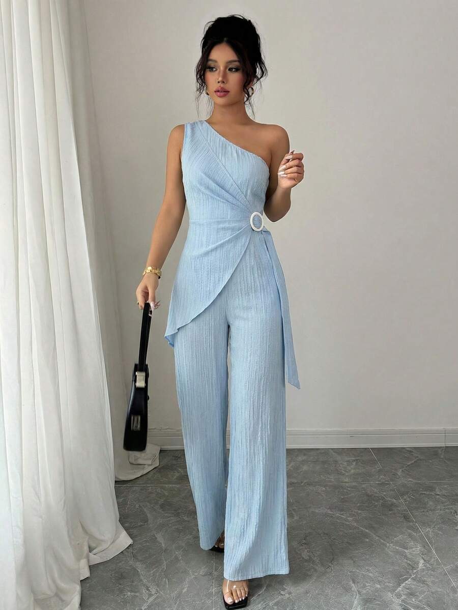 Elenzga Bộ jumpsuit nữ thanh lịch không tay với eo thắt, thiết kế ống rộng xếp ly, kiểu dáng tối giản sang trọng, phù hợp cho đi làm, hẹn hò, dạo chơi và nhiều dịp khác, jumpsuit dài cho mùa xuân/hè. - Màu xanh lam - Xem 1