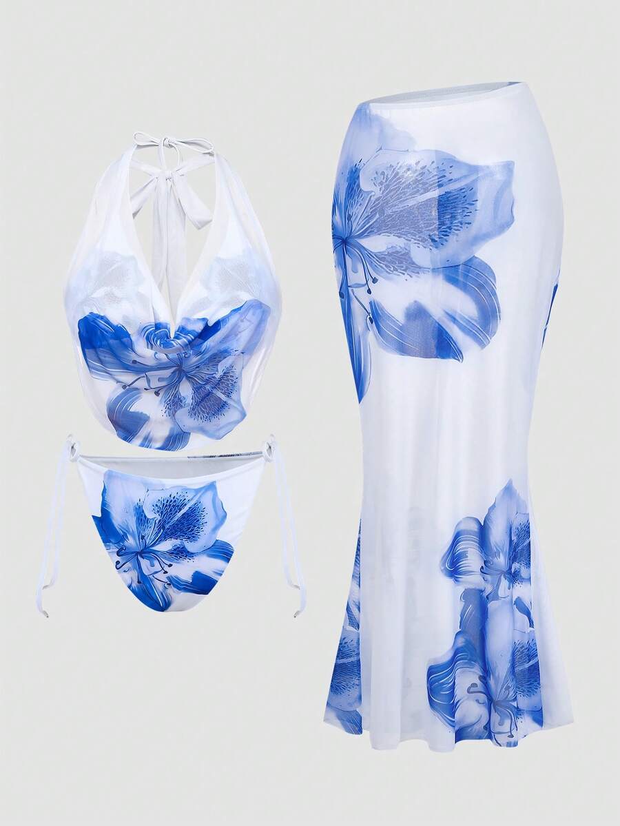Swim Oasis Bộ áo tắm tankini cỡ lớn in hoa, cổ yếm xếp ly, kèm chân váy mini ôm sát, gợi cảm. - Màu xanh lam - Xem 1