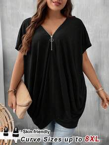 SHEIN CURVE+ Áo thun nữ tay ngắn màu trơn, có khóa kéo nửa thân, cỡ US22, phong cách lễ hội âm nhạc, kỳ nghỉ bên bờ biển, phong cách bohemian, kiểu dáng rộng rãi, màu đen, áo thun thường ngày. - màu đen - Xem 7