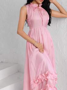 Modelyn Women's French Style Pink Satin Stand Collar Tie-Waist Double Ruffle Hem Sleeveless Dress - Pink - View 2