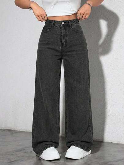 EURMUSE Women's High Waist Pockets Wide Leg Loose Casual Versatile Jeans