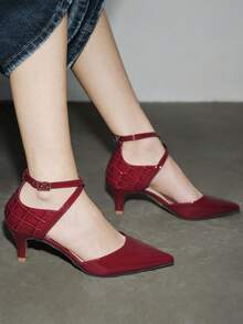秋冬女士尖头镂空交叉绑带日常高跟鞋，优雅，猫跟，派对鞋 - 酒紅色 - 查看 4