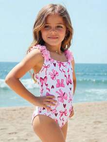 Emery Rose Kids Emery Rose Kids Young Girl Striped Bow Floral 1-Piece Swimsuit - Pink - View 6