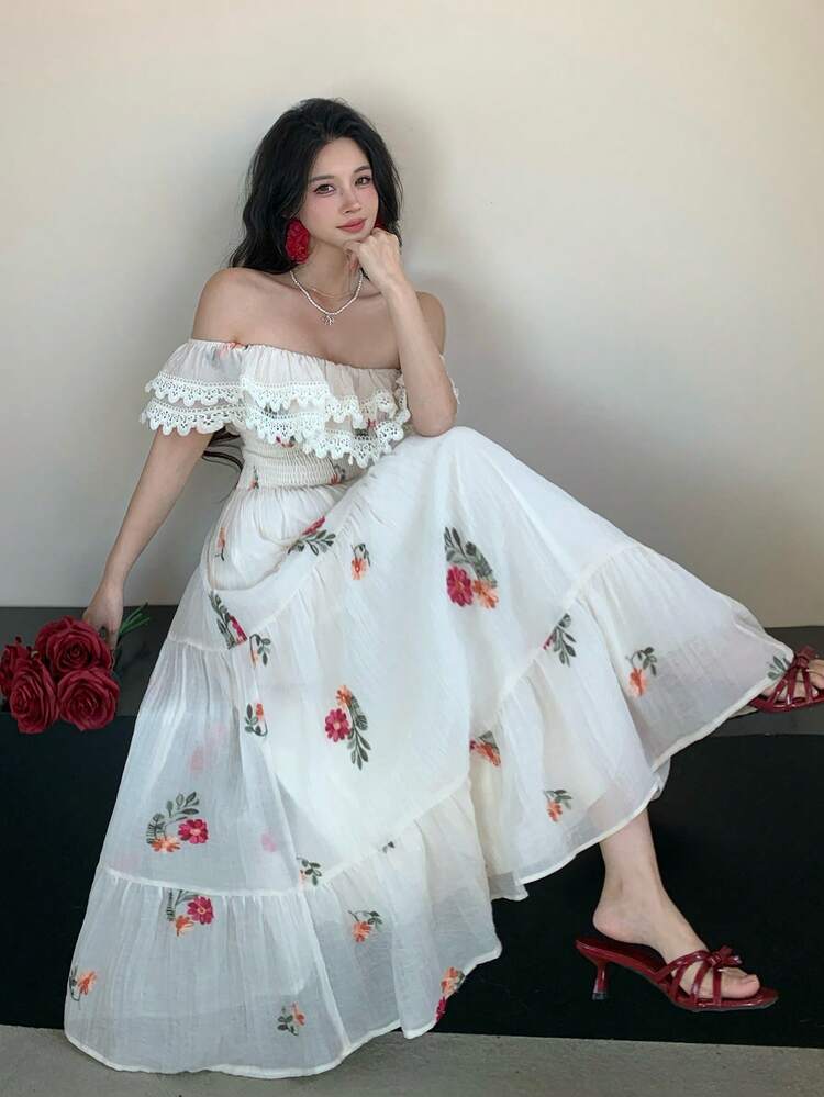 French Design Niche High-End Ditsy Floral Short Sleeve Cinched Waist Floral Dress Maxi Dress Sundress Off The Shoulder