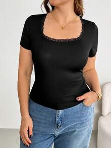 SHEIN Essnce 大码女装春夏时尚优雅高弹舒适日常百搭显瘦蕾丝边黑色短袖修身T恤，外出上衣，夏季穿搭，曲线身材服装，简约风格，打底衫 - 白色 - 查看 6