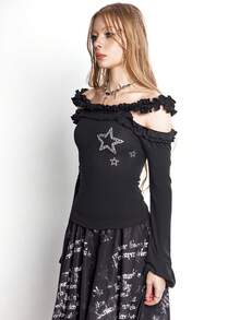 Bloopia 女士蕾丝领露肩水钻装饰优雅上衣，春夏款 - 彩色 - 查看 3