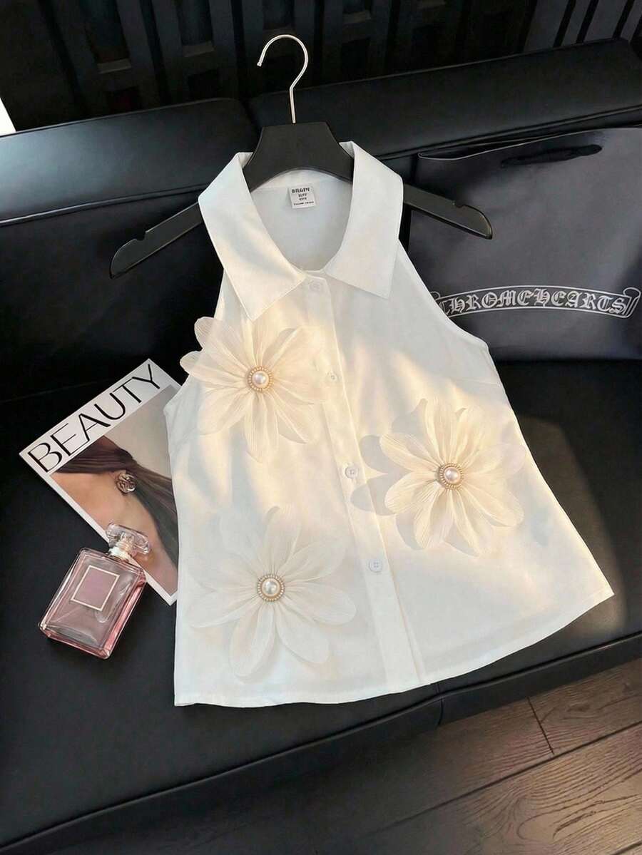 少女碎花装饰无袖纽扣衬衫 - 白色 - 查看 1