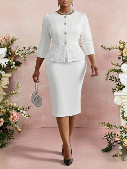 Fleurora 大码优雅纯色褶皱腰短袖上衣和印花半身吊带裙两件套/商务休闲女装